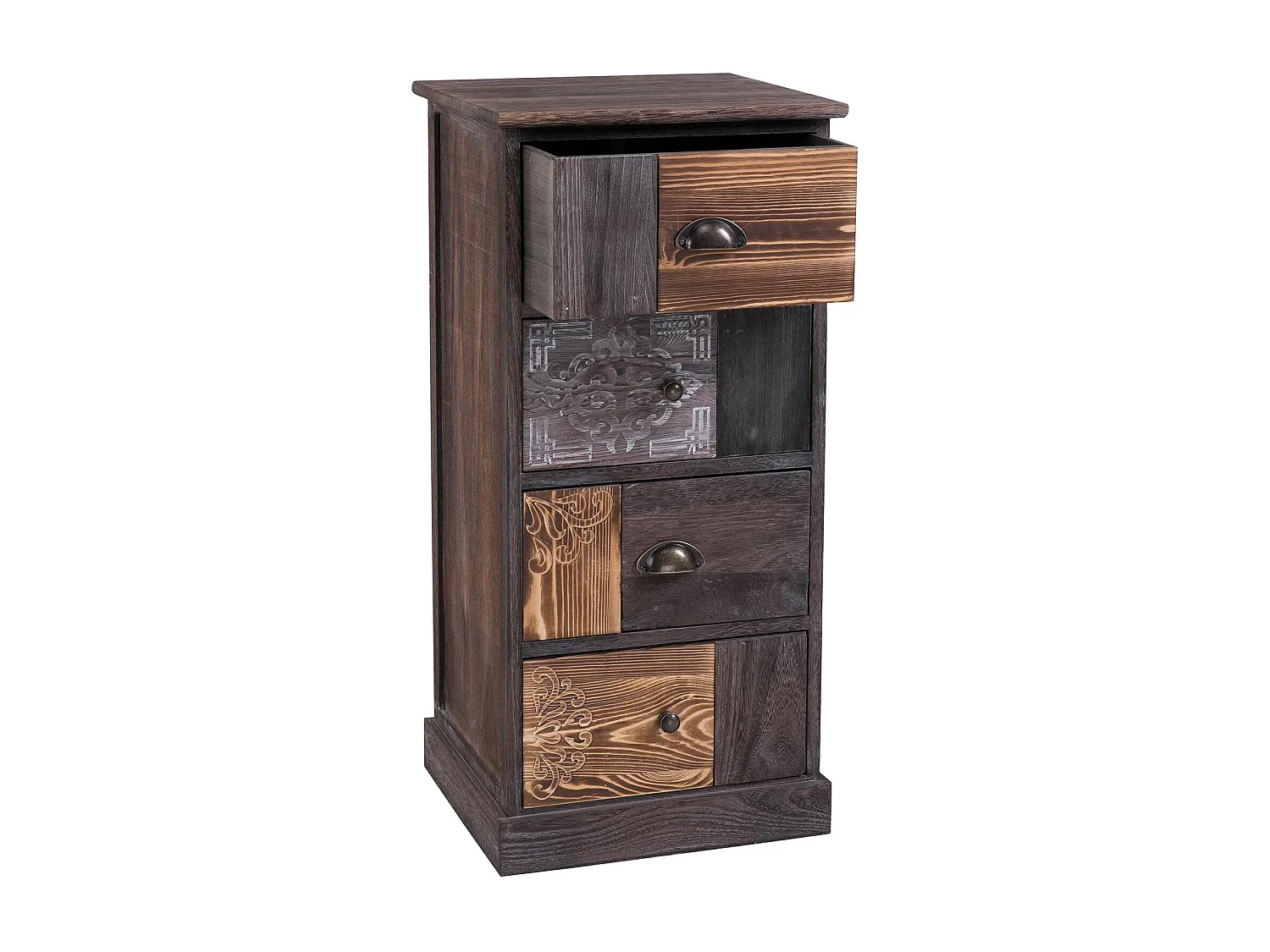 Chiffonnier MARA avec 4 tiroirs, commode en bois de paulownia style vintage ethnique bohême avec gravures