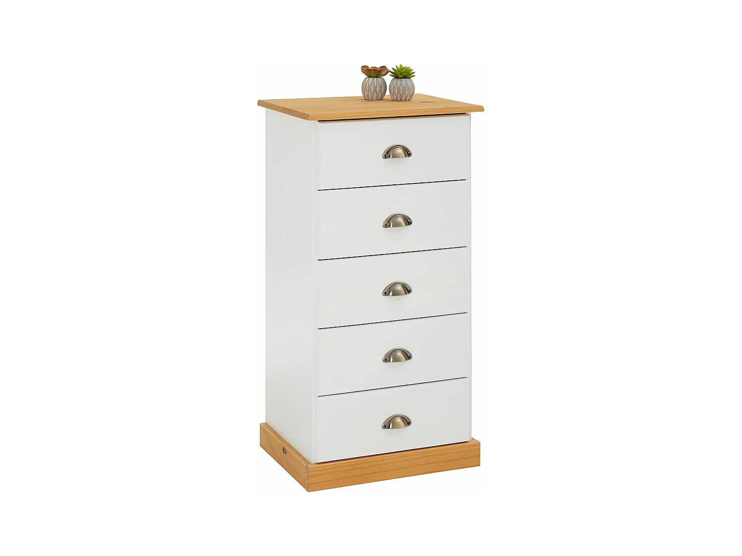 Chiffonnier PARIS L 48 cm en pin massif blanc et brun 5 tiroirs commode petit meuble de rangement haut pour chambre