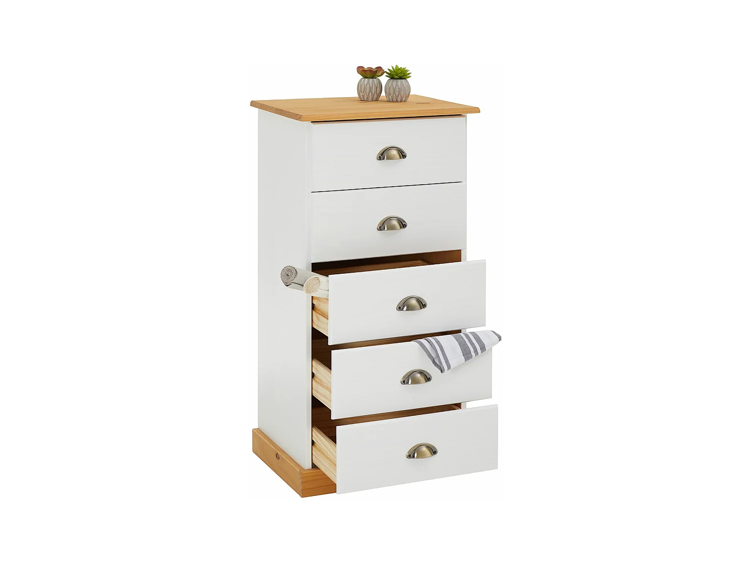 Chiffonnier PARIS L 48 cm en pin massif blanc et brun 5 tiroirs commode petit meuble de rangement haut pour chambre