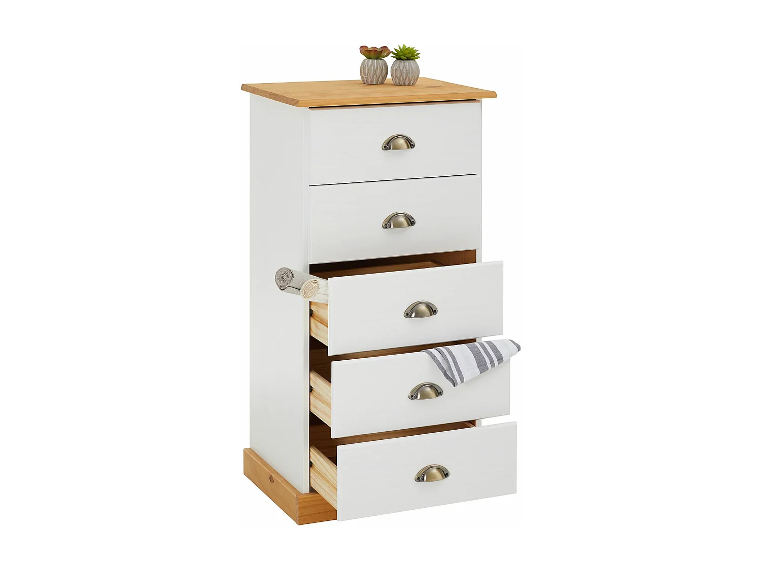 Chiffonnier PARIS L 48 cm en pin massif blanc et brun 5 tiroirs commode petit meuble de rangement haut pour chambre