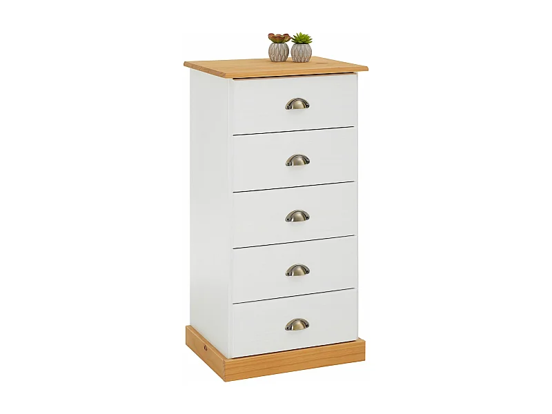 Chiffonnier PARIS L 48 cm en pin massif blanc et brun 5 tiroirs commode petit meuble de rangement haut pour chambre
