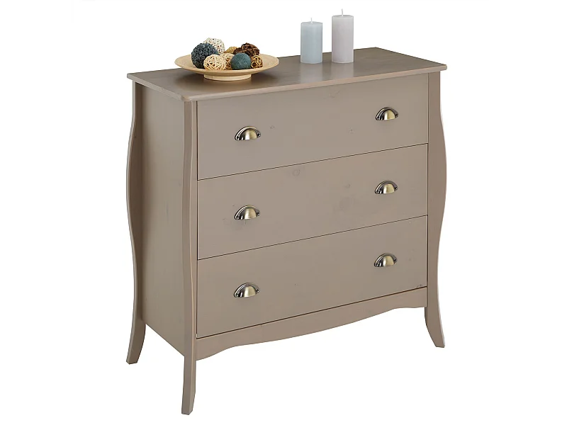 Commode de chambre ANTOINETTE style baroque rococo design moderne, rangement avec 3 tiroirs, en pin massif lasuré taupe