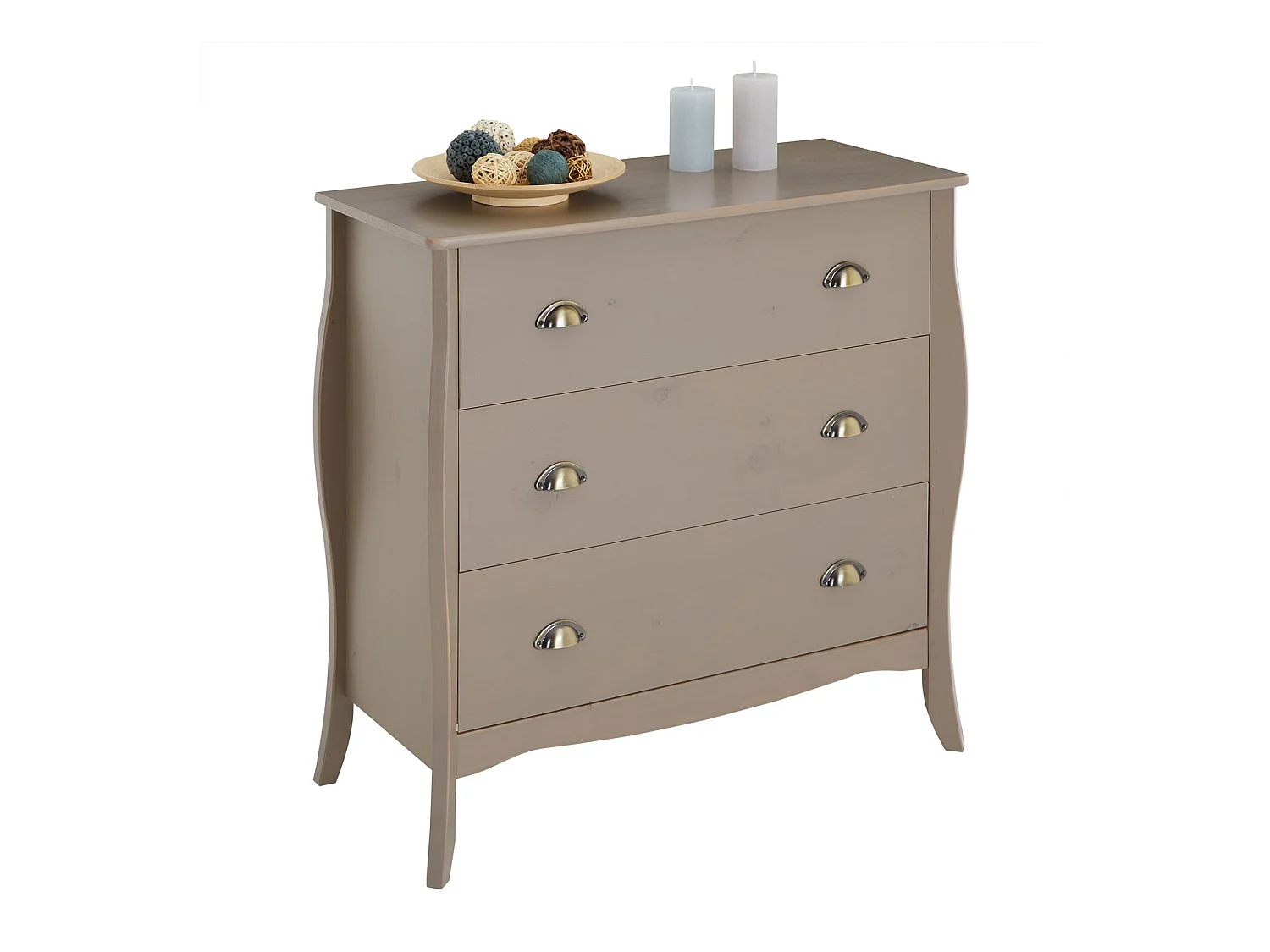 Commode de chambre ANTOINETTE style baroque rococo design moderne, rangement avec 3 tiroirs, en pin massif lasuré taupe