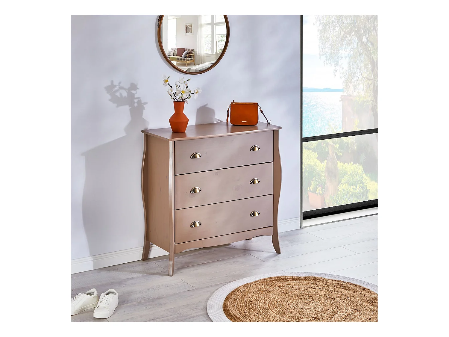 Commode de chambre ANTOINETTE style baroque rococo design moderne, rangement avec 3 tiroirs, en pin massif lasuré taupe