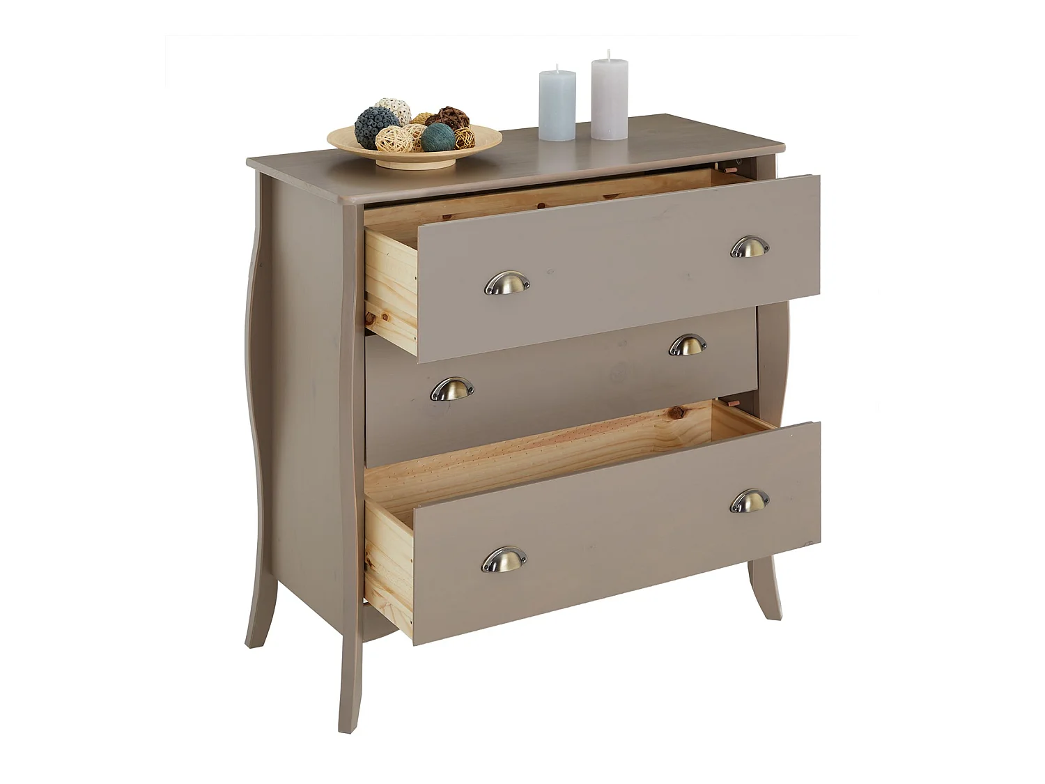 Commode de chambre ANTOINETTE style baroque rococo design moderne, rangement avec 3 tiroirs, en pin massif lasuré taupe