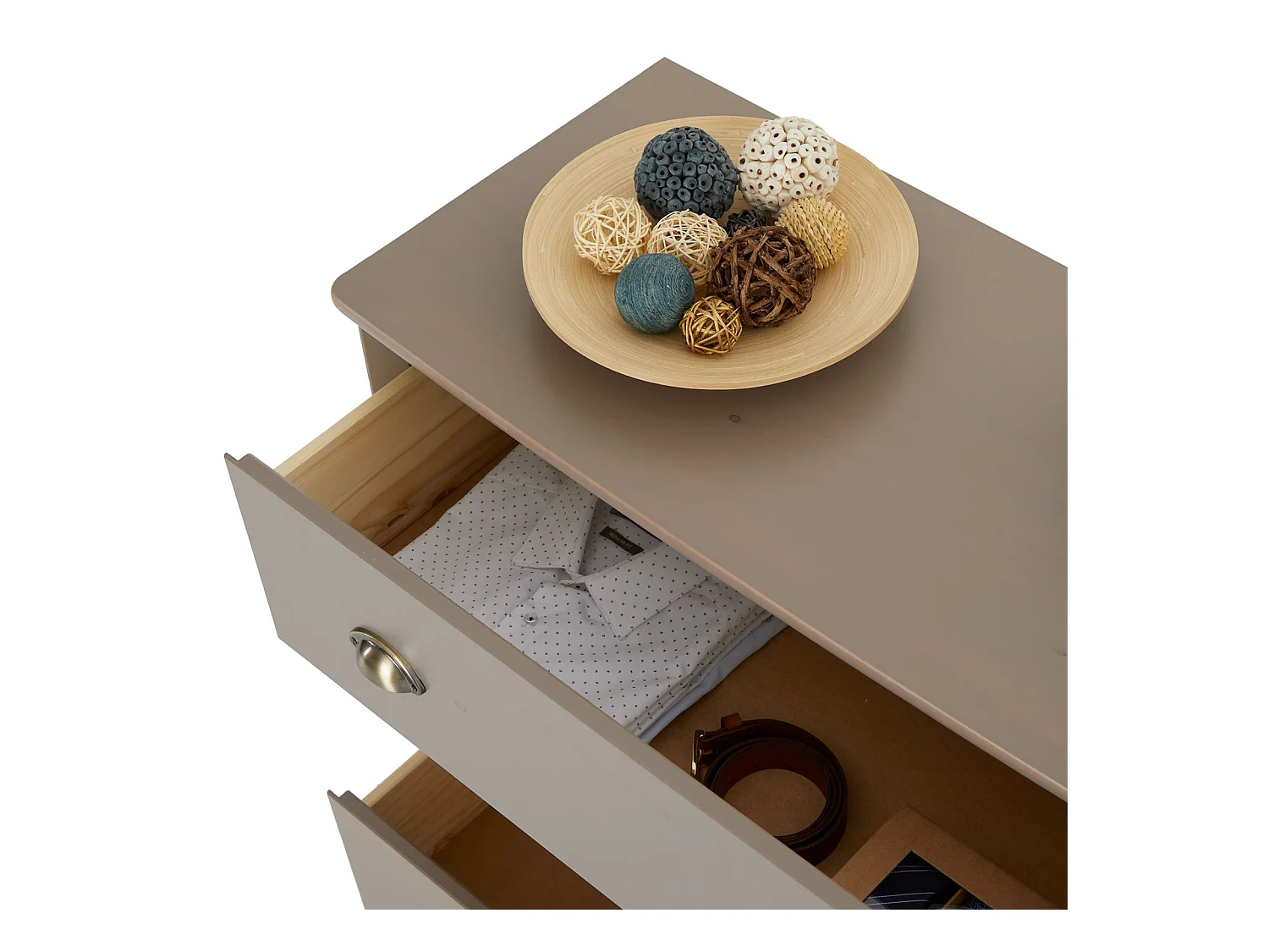 Commode de chambre ANTOINETTE style baroque rococo design moderne, rangement avec 3 tiroirs, en pin massif lasuré taupe