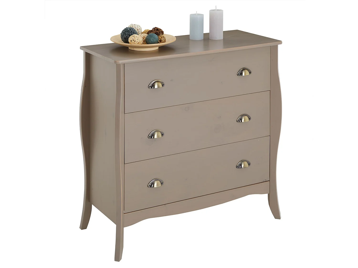 Commode de chambre ANTOINETTE style baroque rococo design moderne, rangement avec 3 tiroirs, en pin massif lasuré taupe