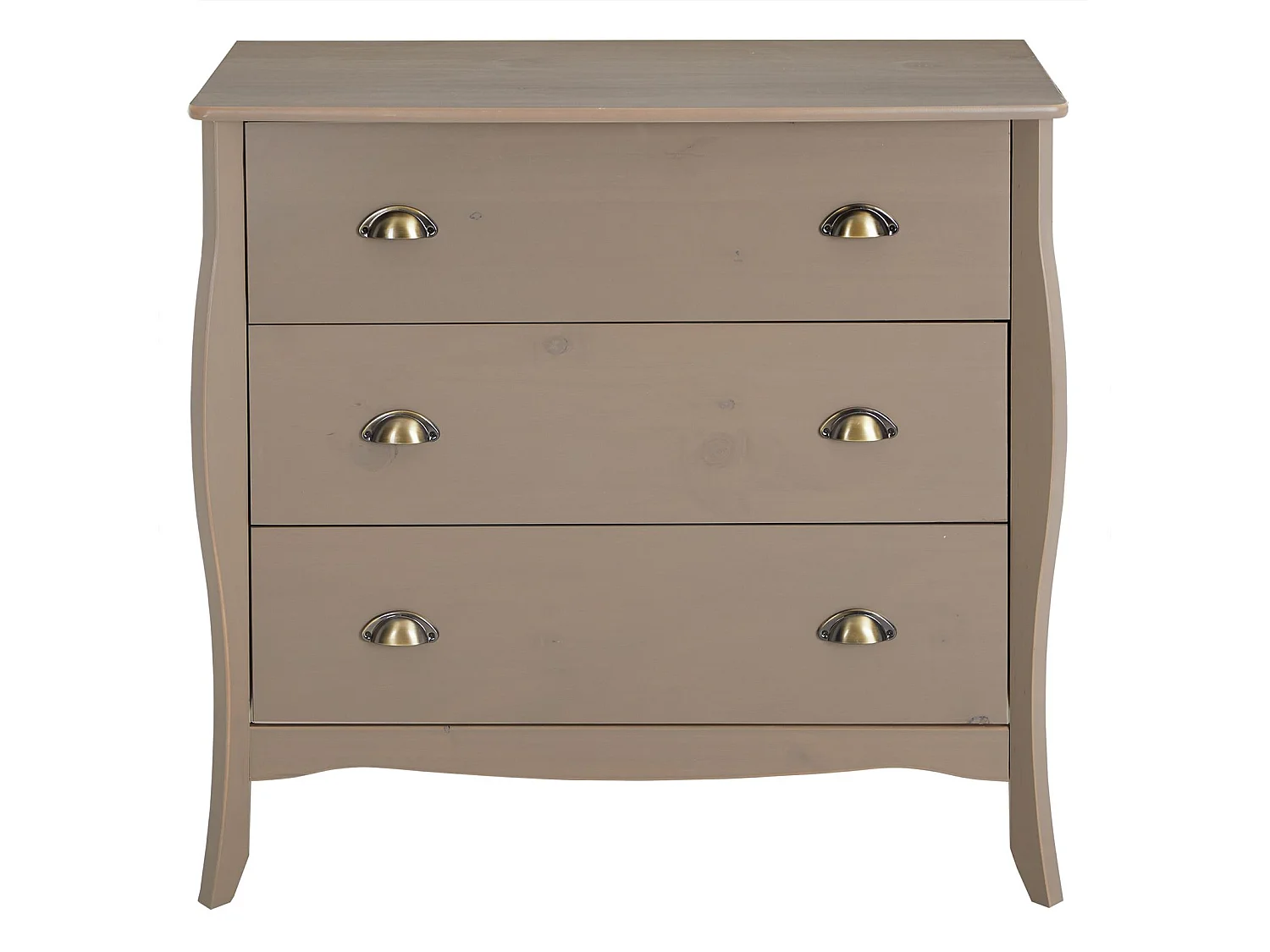 Commode de chambre ANTOINETTE style baroque rococo design moderne, rangement avec 3 tiroirs, en pin massif lasuré taupe