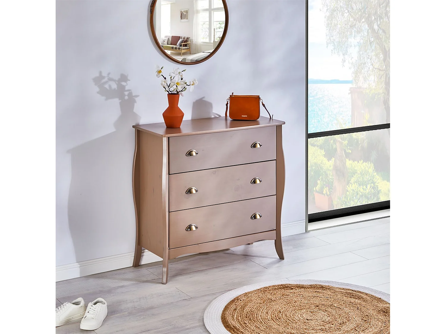 Commode de chambre ANTOINETTE style baroque rococo design moderne, rangement avec 3 tiroirs, en pin massif lasuré taupe