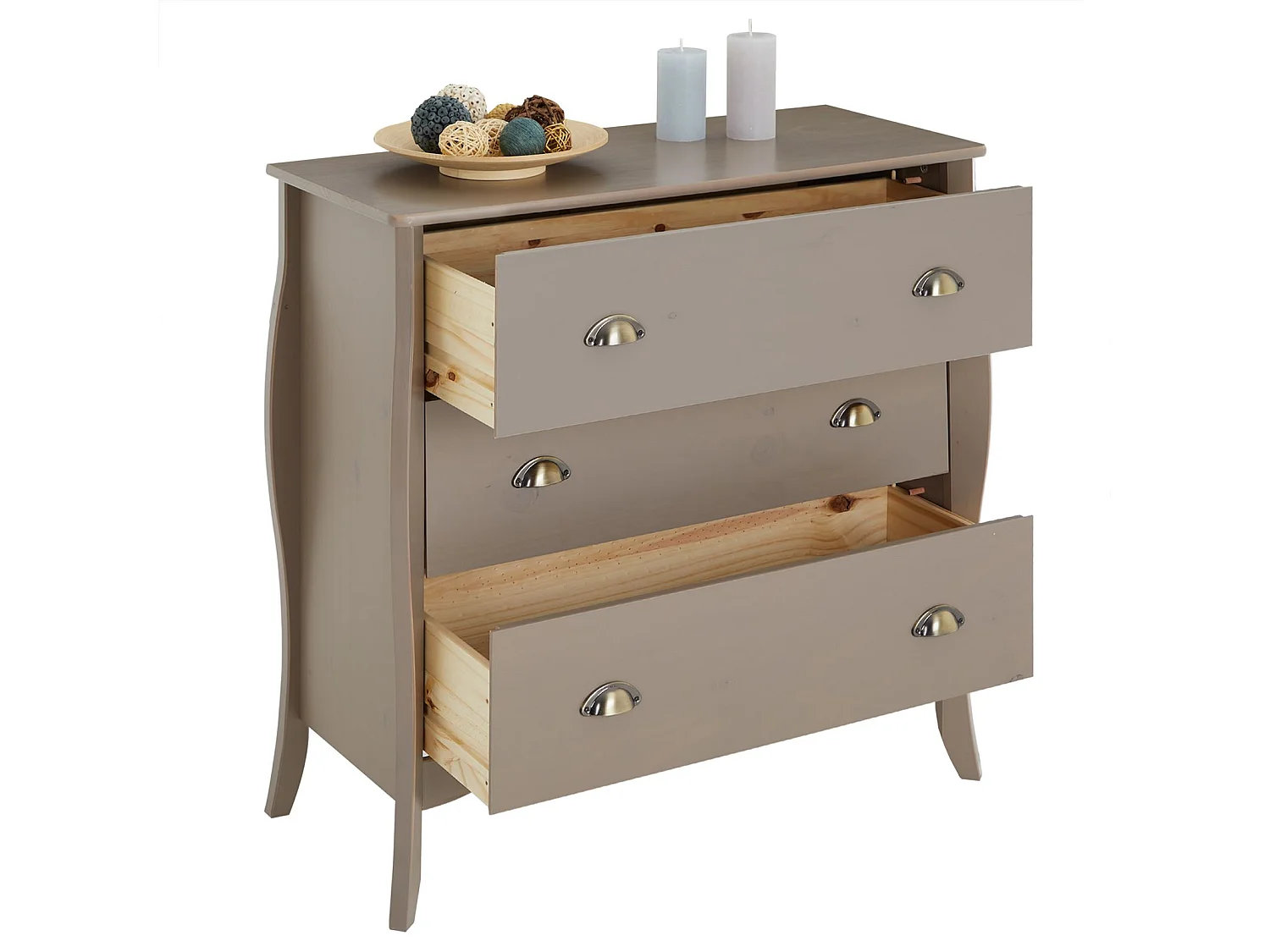 Commode de chambre ANTOINETTE style baroque rococo design moderne, rangement avec 3 tiroirs, en pin massif lasuré taupe