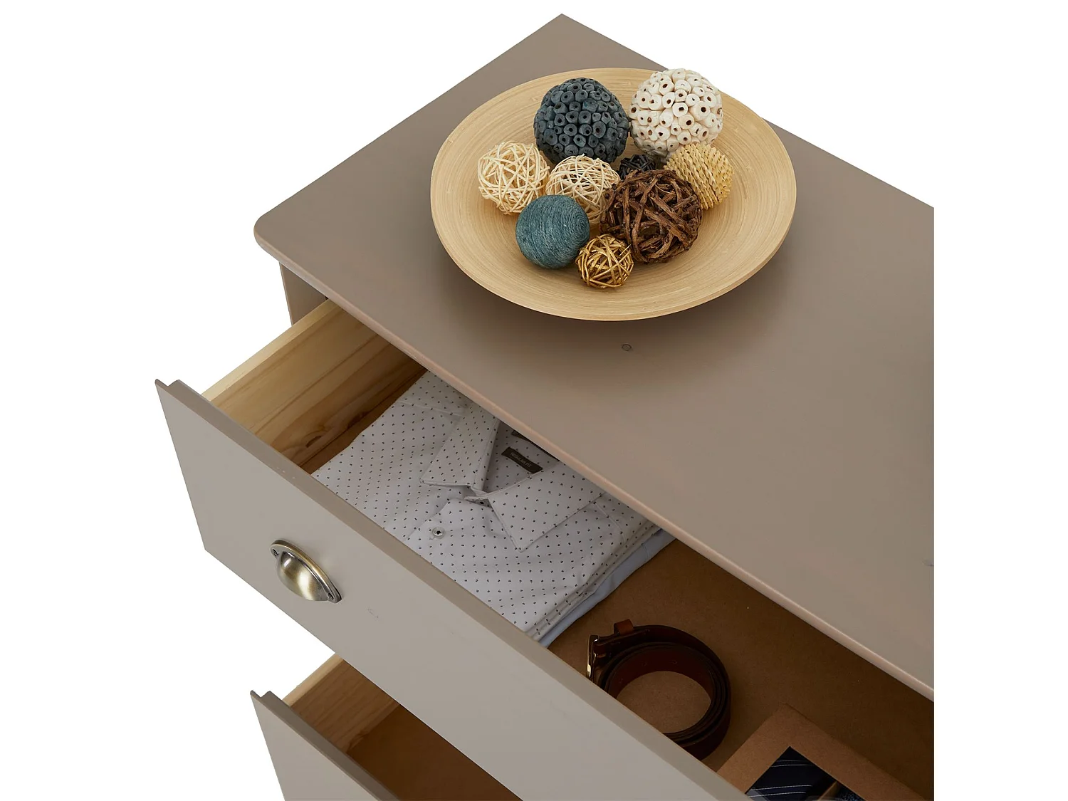 Commode de chambre ANTOINETTE style baroque rococo design moderne, rangement avec 3 tiroirs, en pin massif lasuré taupe