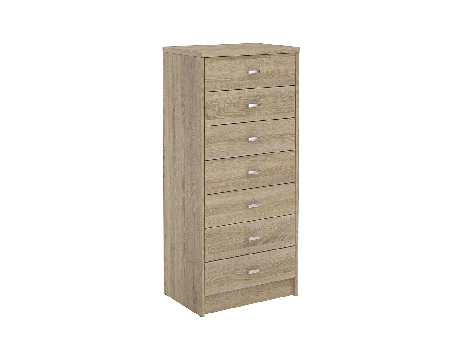 chiffonnier DONIA, H 112 cm en bois coloris chêne sonoma, petite commode avec 7 tiroirs en colonne meuble de rangement