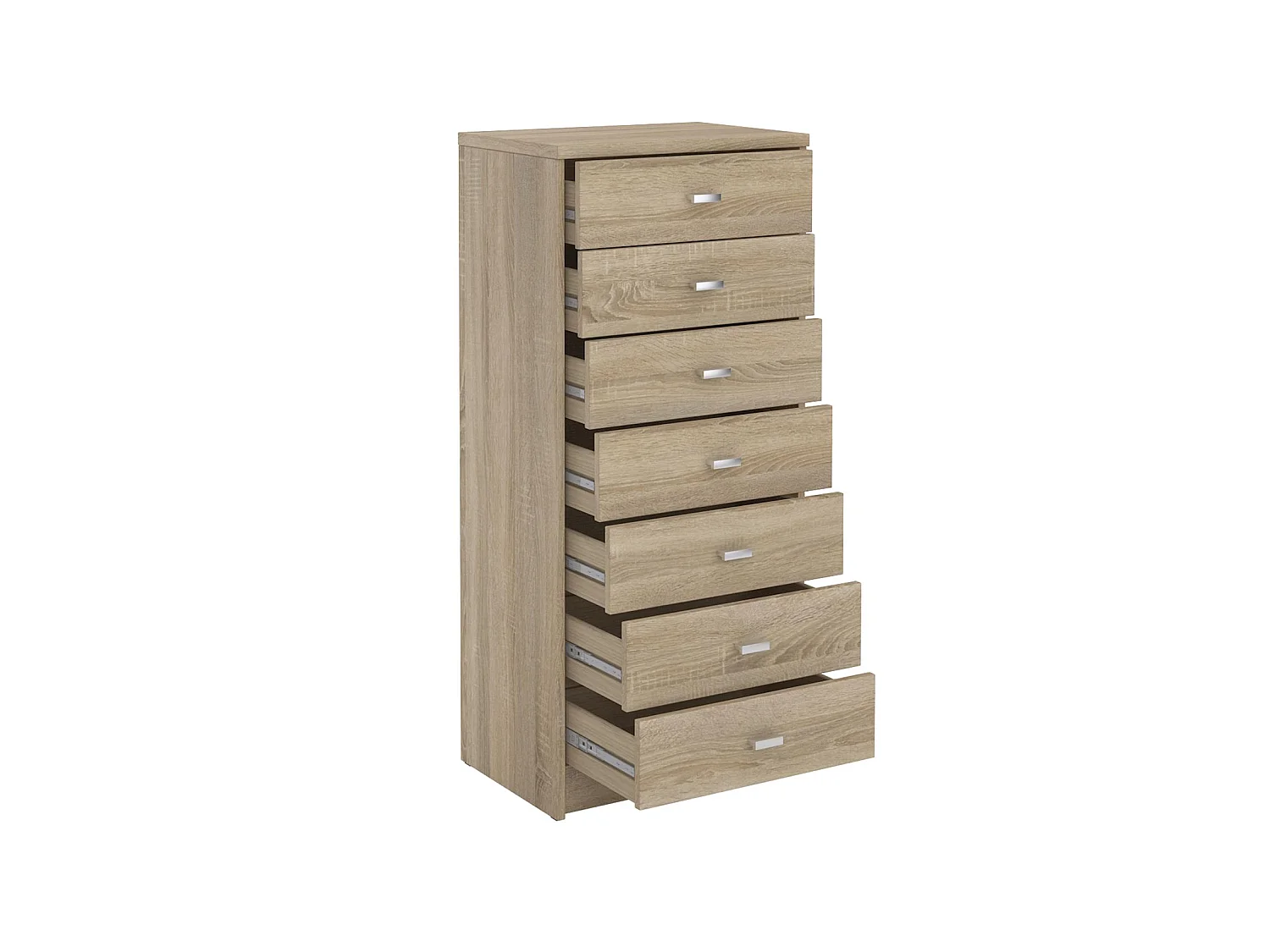 chiffonnier DONIA, H 112 cm en bois coloris chêne sonoma, petite commode avec 7 tiroirs en colonne meuble de rangement