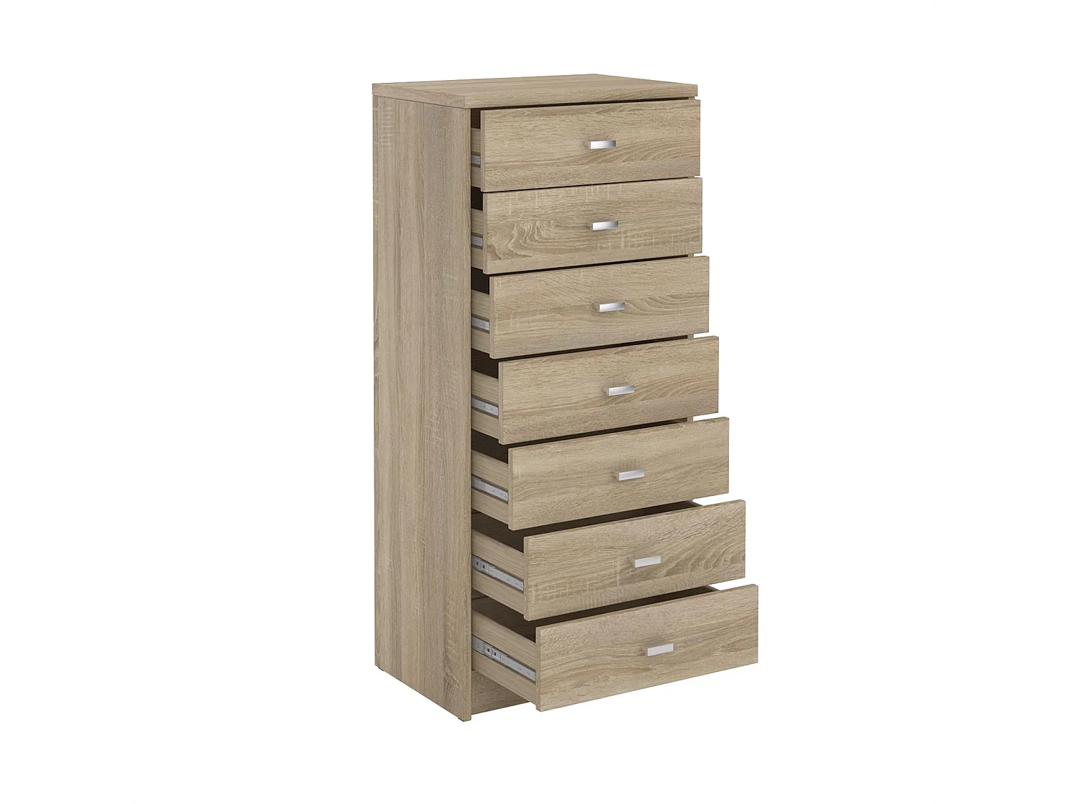 chiffonnier DONIA, H 112 cm en bois coloris chêne sonoma, petite commode avec 7 tiroirs en colonne meuble de rangement