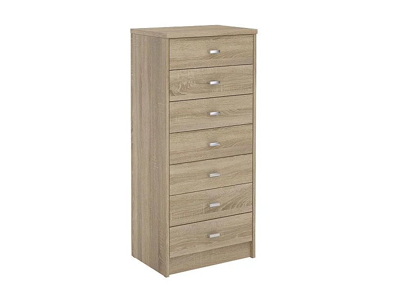 chiffonnier DONIA, H 112 cm en bois coloris chêne sonoma, petite commode avec 7 tiroirs en colonne meuble de rangement