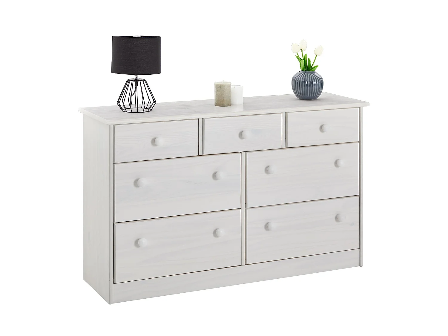 Commode RONDO bahut buffet meuble de rangement avec 3 petits et 4 grands tiroirs, en pin massif lasuré blanc