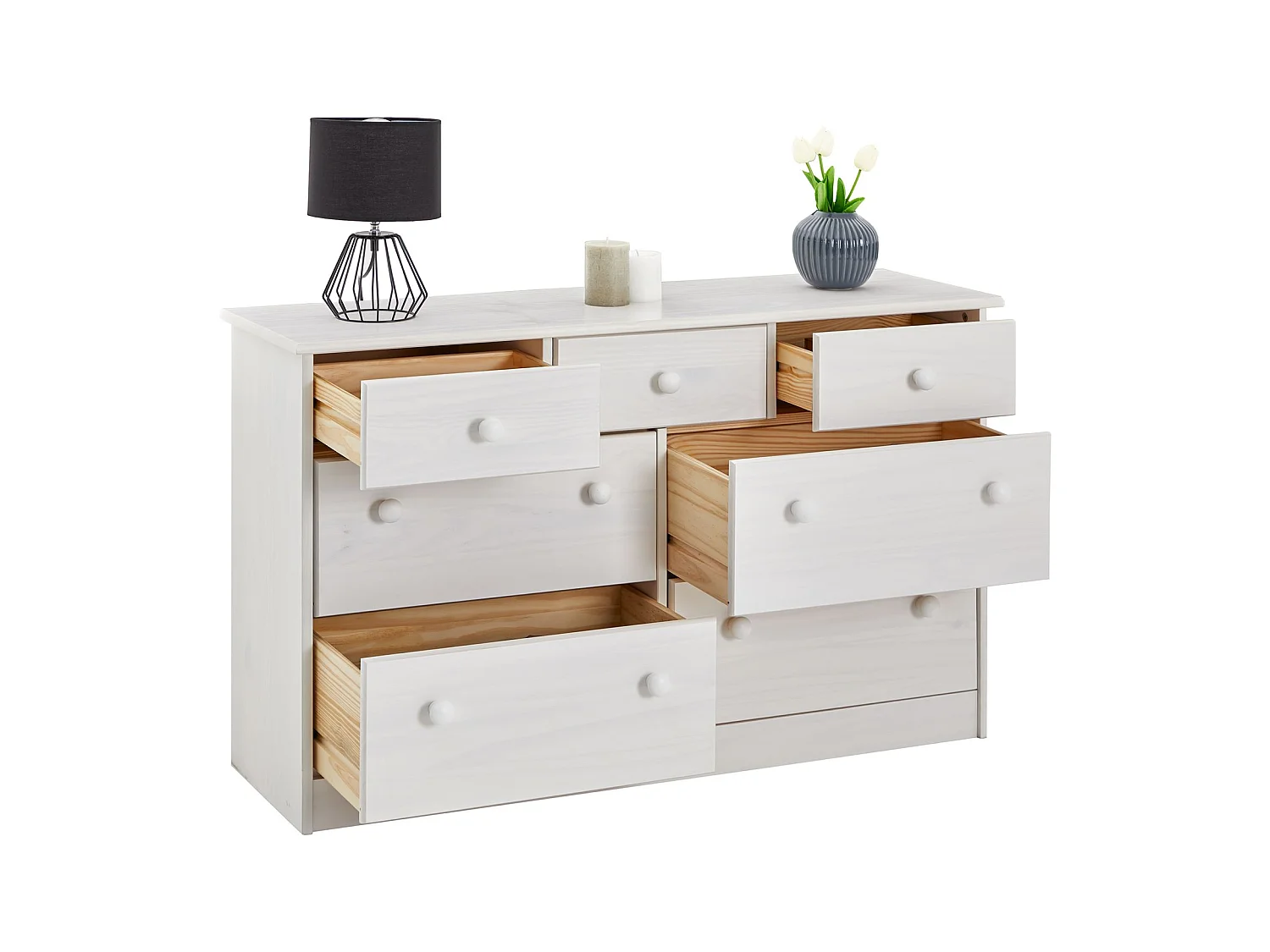 Commode RONDO bahut buffet meuble de rangement avec 3 petits et 4 grands tiroirs, en pin massif lasuré blanc