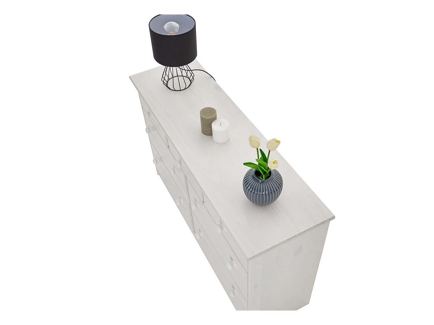 Commode RONDO bahut buffet meuble de rangement avec 3 petits et 4 grands tiroirs, en pin massif lasuré blanc