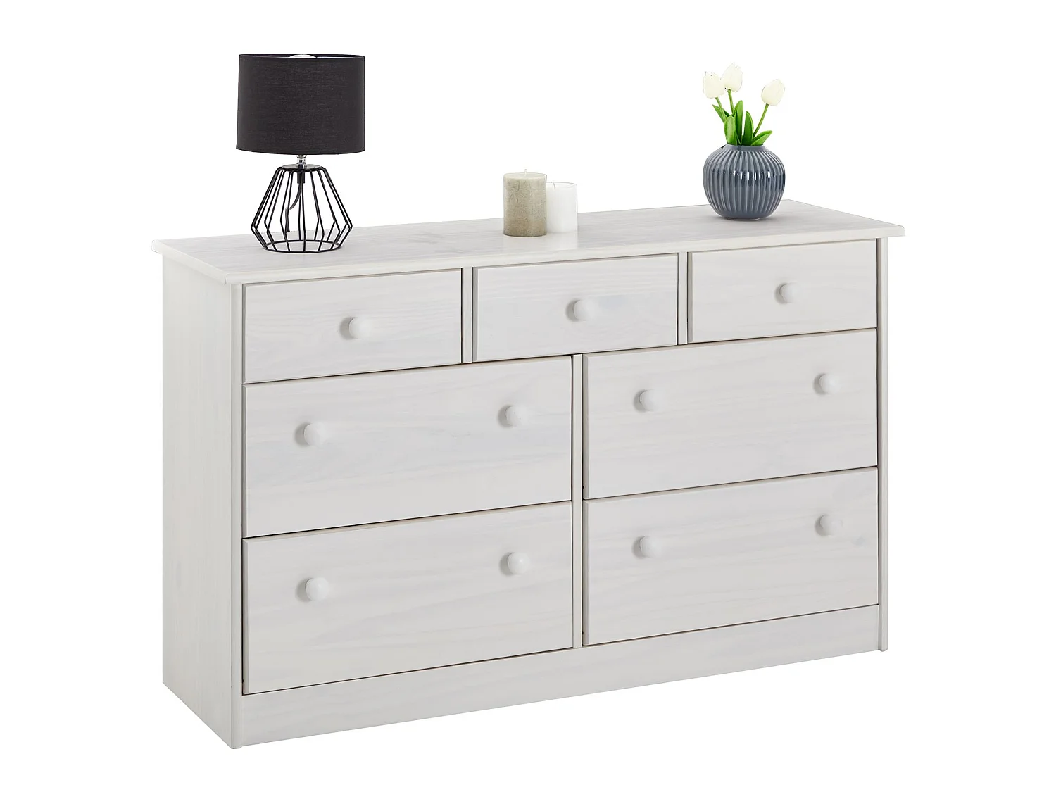 Commode RONDO bahut buffet meuble de rangement avec 3 petits et 4 grands tiroirs, en pin massif lasuré blanc