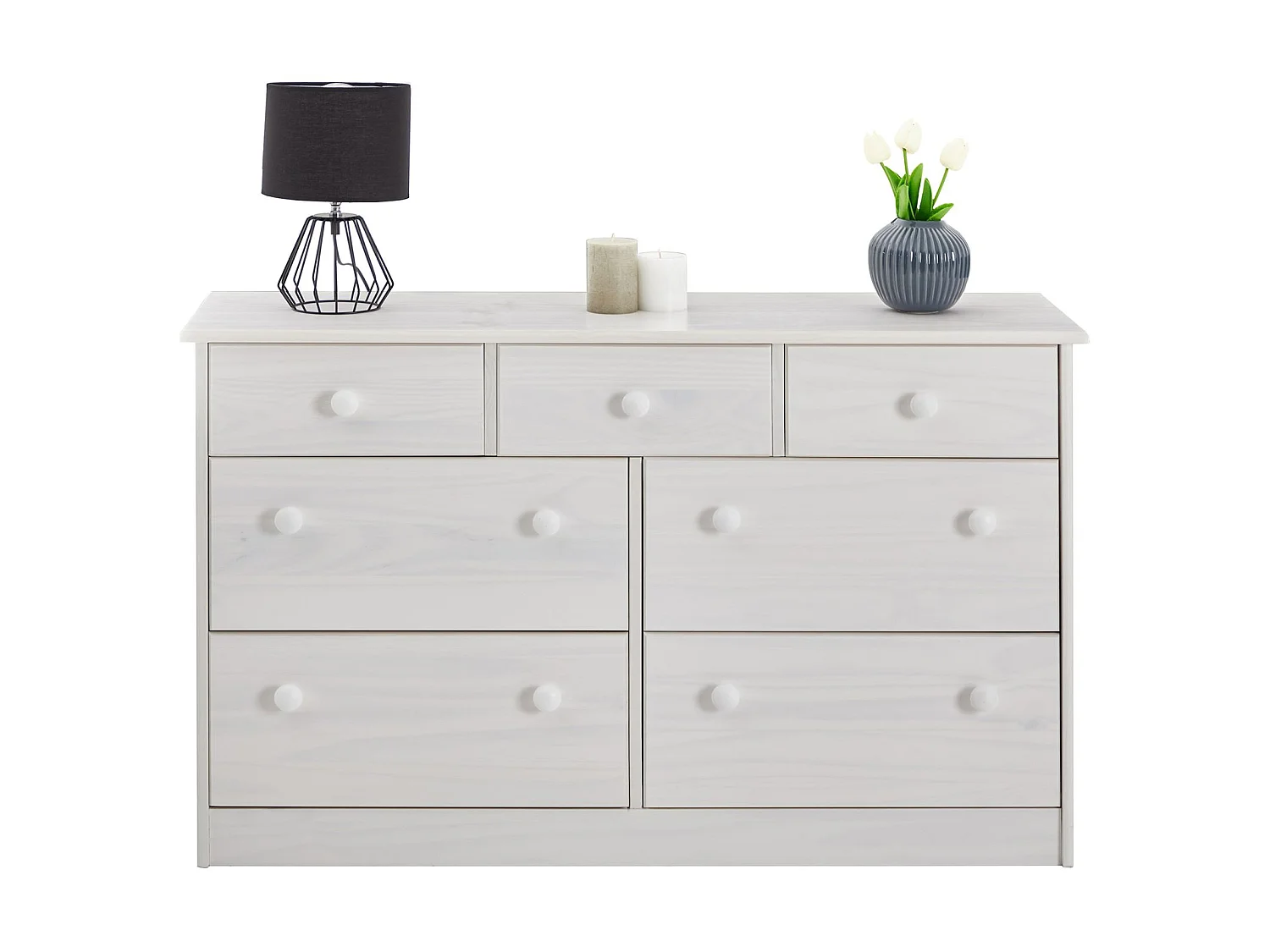 Commode RONDO bahut buffet meuble de rangement avec 3 petits et 4 grands tiroirs, en pin massif lasuré blanc