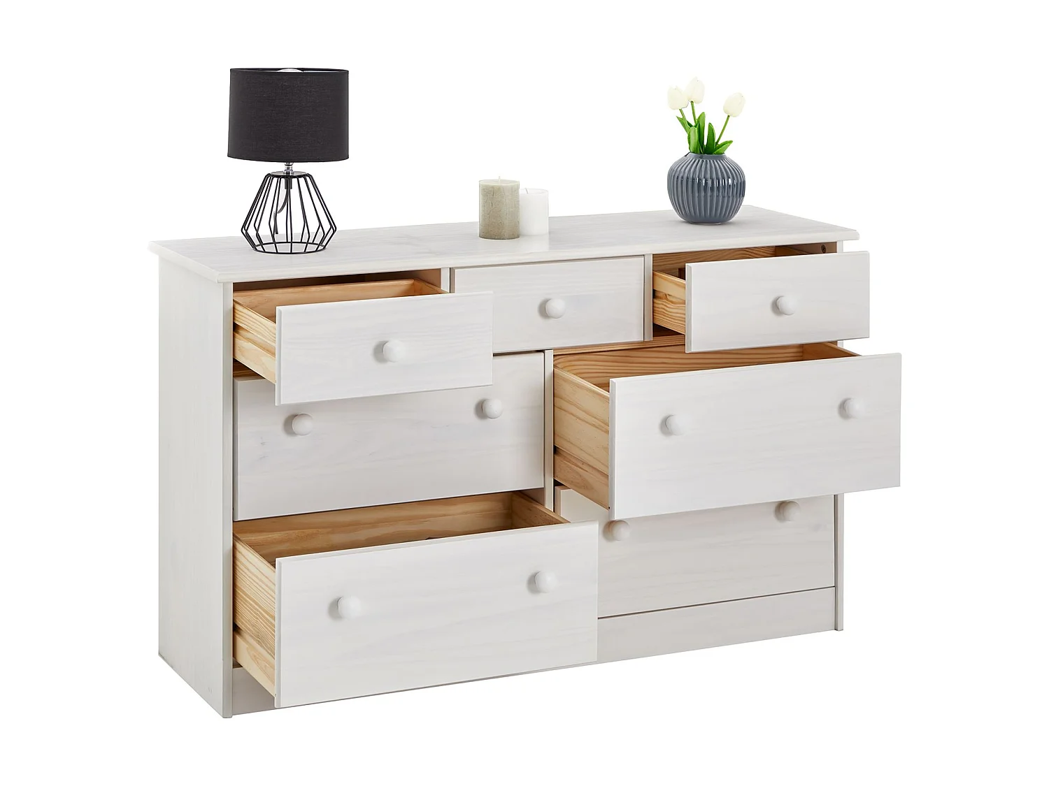 Commode RONDO bahut buffet meuble de rangement avec 3 petits et 4 grands tiroirs, en pin massif lasuré blanc