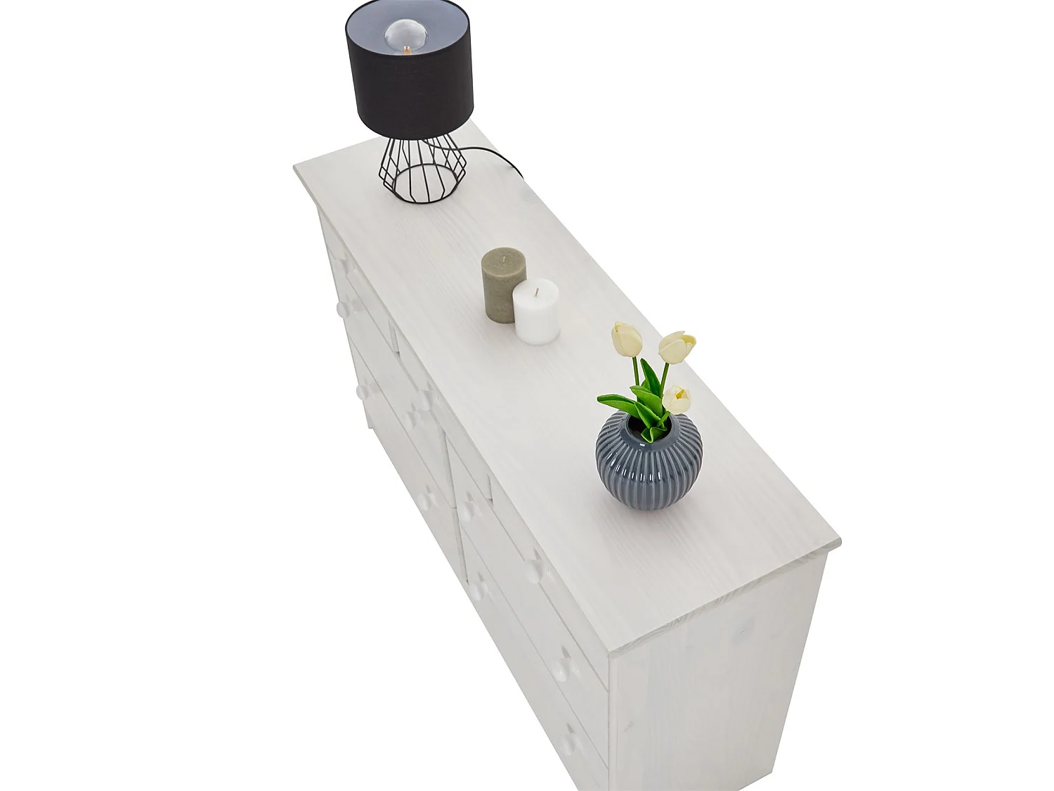 Commode RONDO bahut buffet meuble de rangement avec 3 petits et 4 grands tiroirs, en pin massif lasuré blanc