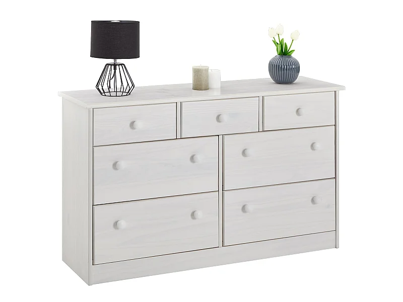 Commode RONDO bahut buffet meuble de rangement avec 3 petits et 4 grands tiroirs, en pin massif lasuré blanc