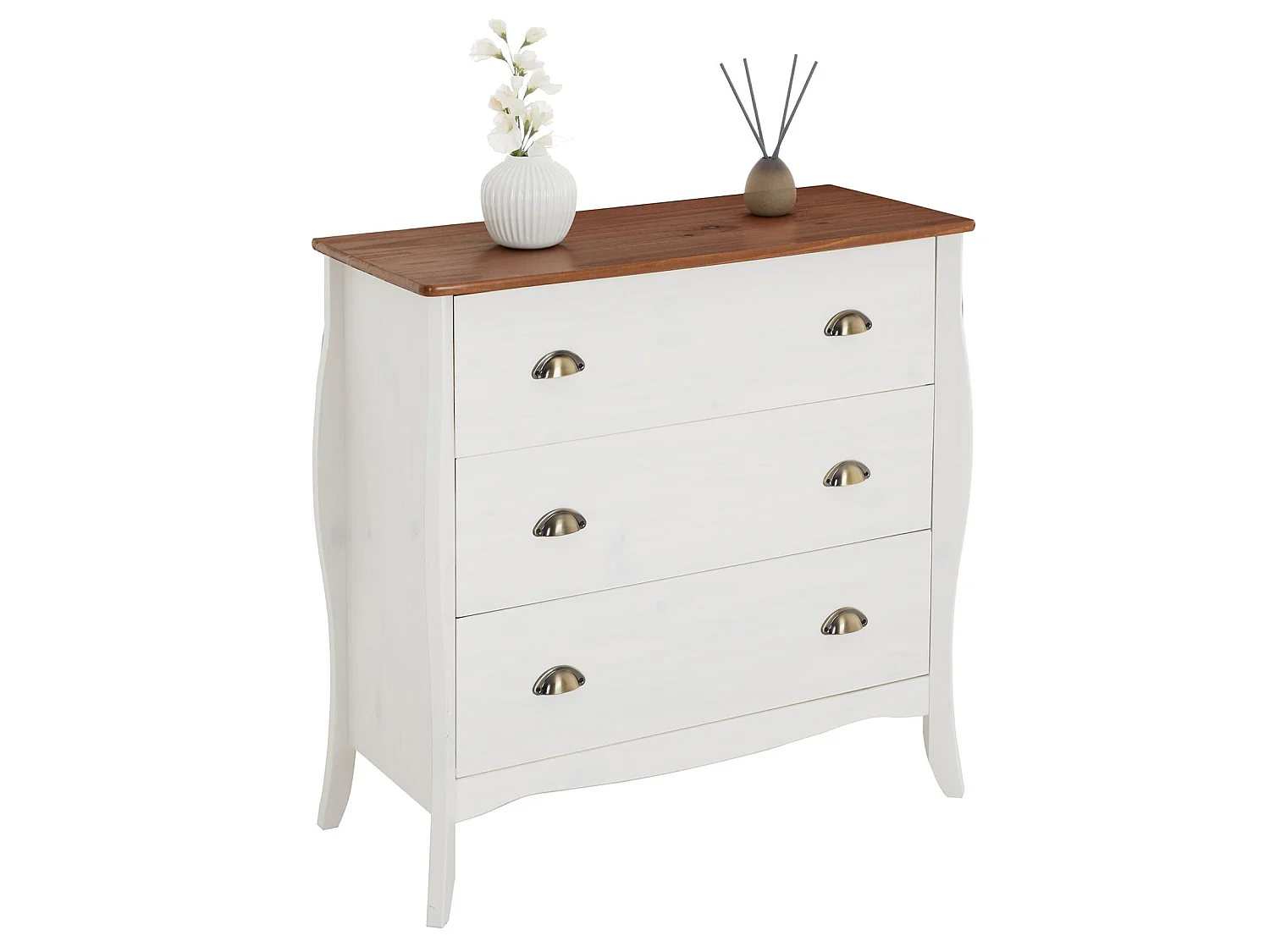 Commode de chambre ANTOINETTE style baroque rococo design moderne, rangement avec 3 tiroirs, pin massif lasuré blanc et brun foncé