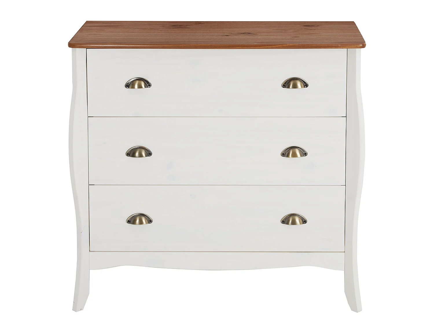 Commode de chambre ANTOINETTE style baroque rococo design moderne, rangement avec 3 tiroirs, pin massif lasuré blanc et brun foncé