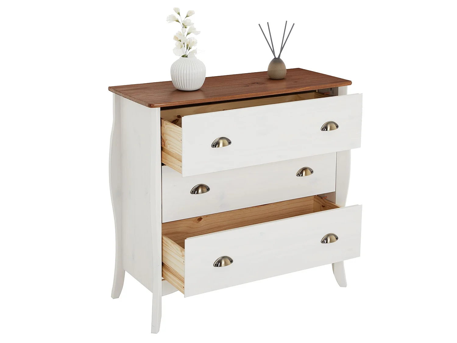 Commode de chambre ANTOINETTE style baroque rococo design moderne, rangement avec 3 tiroirs, pin massif lasuré blanc et brun foncé