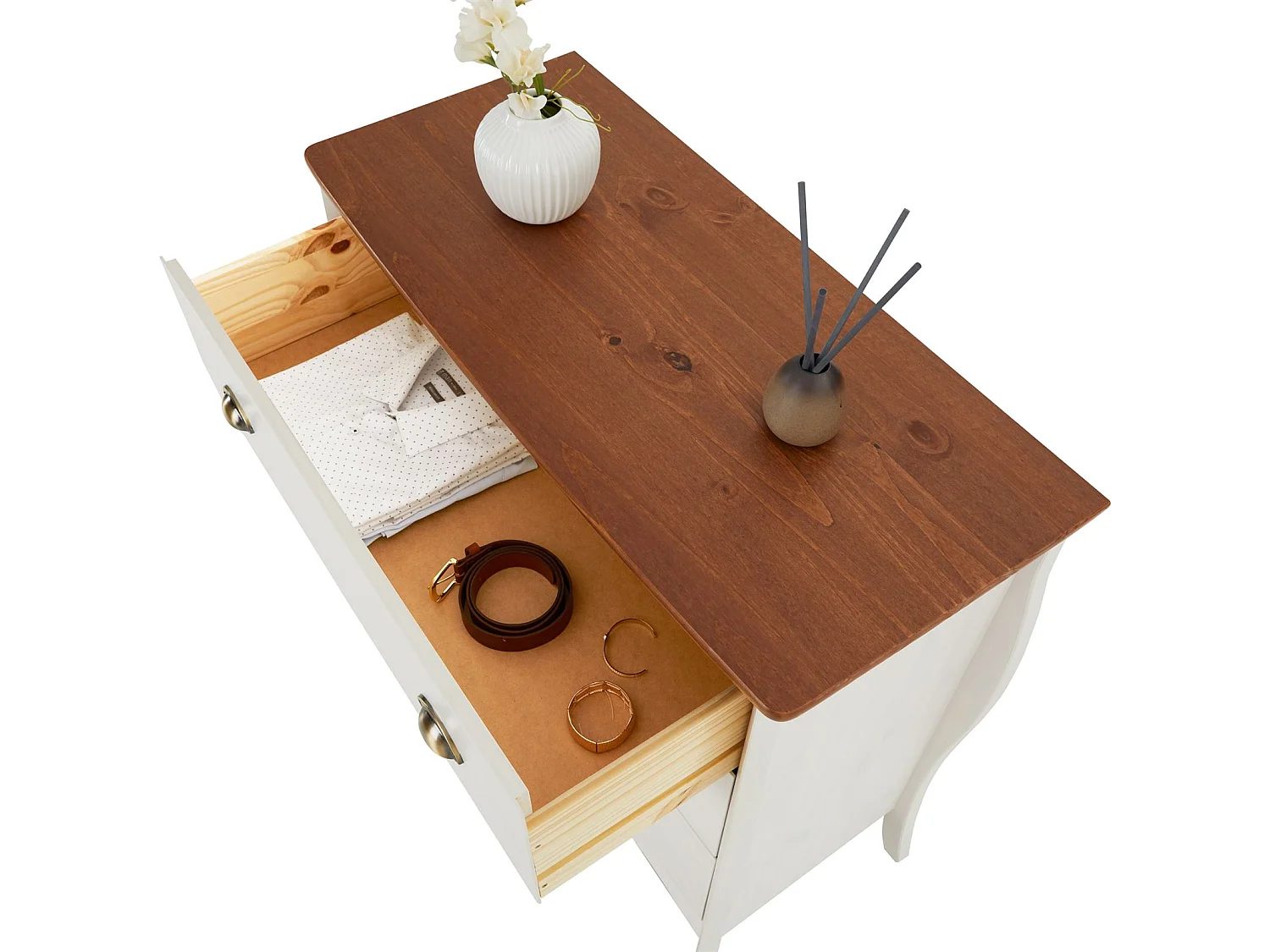 Commode de chambre ANTOINETTE style baroque rococo design moderne, rangement avec 3 tiroirs, pin massif lasuré blanc et brun foncé