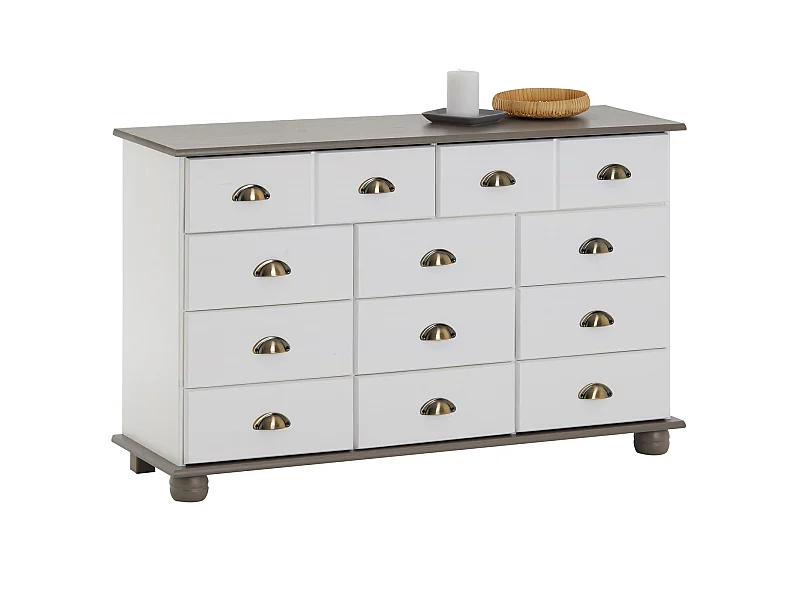 Commode COLMAR chiffonnier apothicaire rangement avec 11 tiroirs en pin massif lasuré blanc et taupe