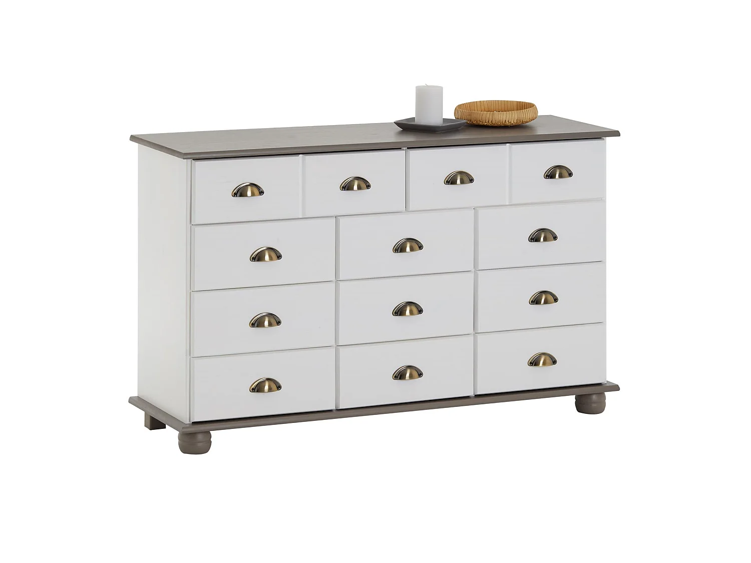 Commode COLMAR chiffonnier apothicaire rangement avec 11 tiroirs en pin massif lasuré blanc et taupe