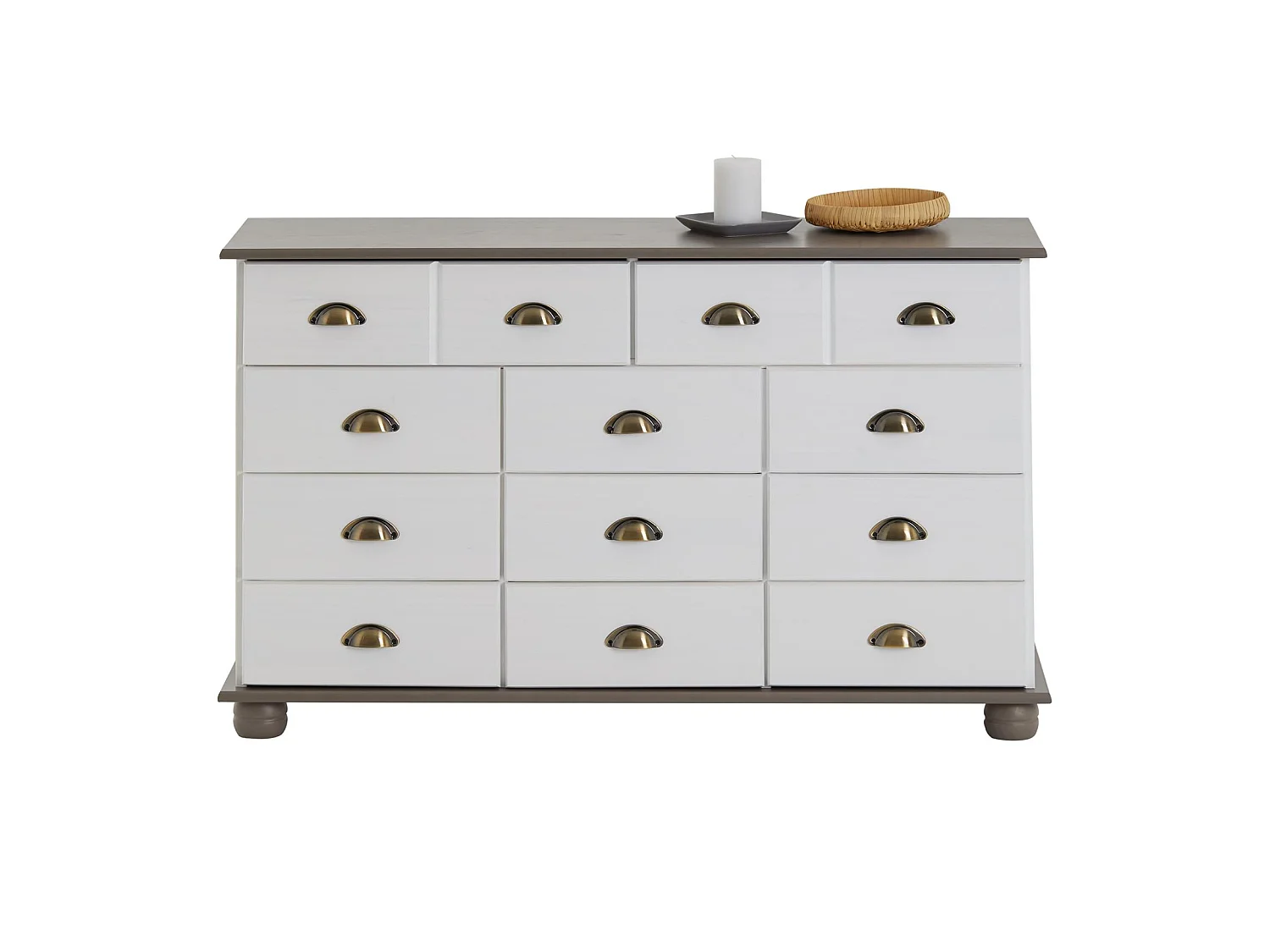 Commode COLMAR chiffonnier apothicaire rangement avec 11 tiroirs en pin massif lasuré blanc et taupe