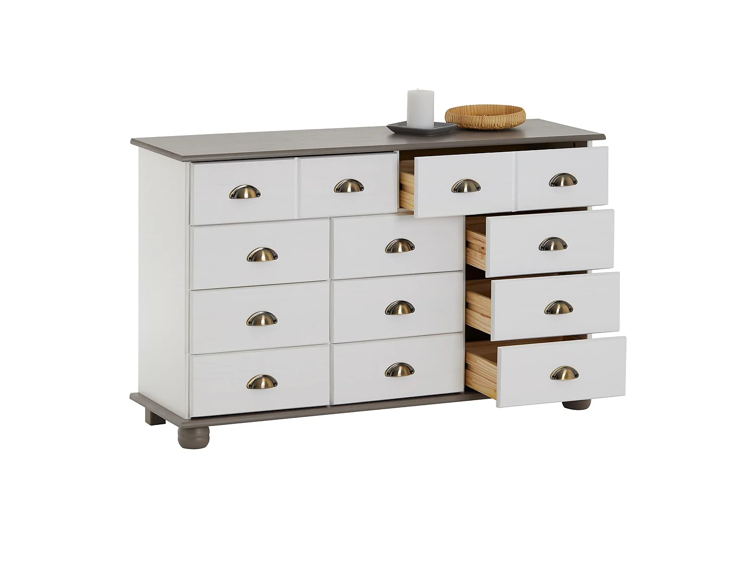Commode COLMAR chiffonnier apothicaire rangement avec 11 tiroirs en pin massif lasuré blanc et taupe