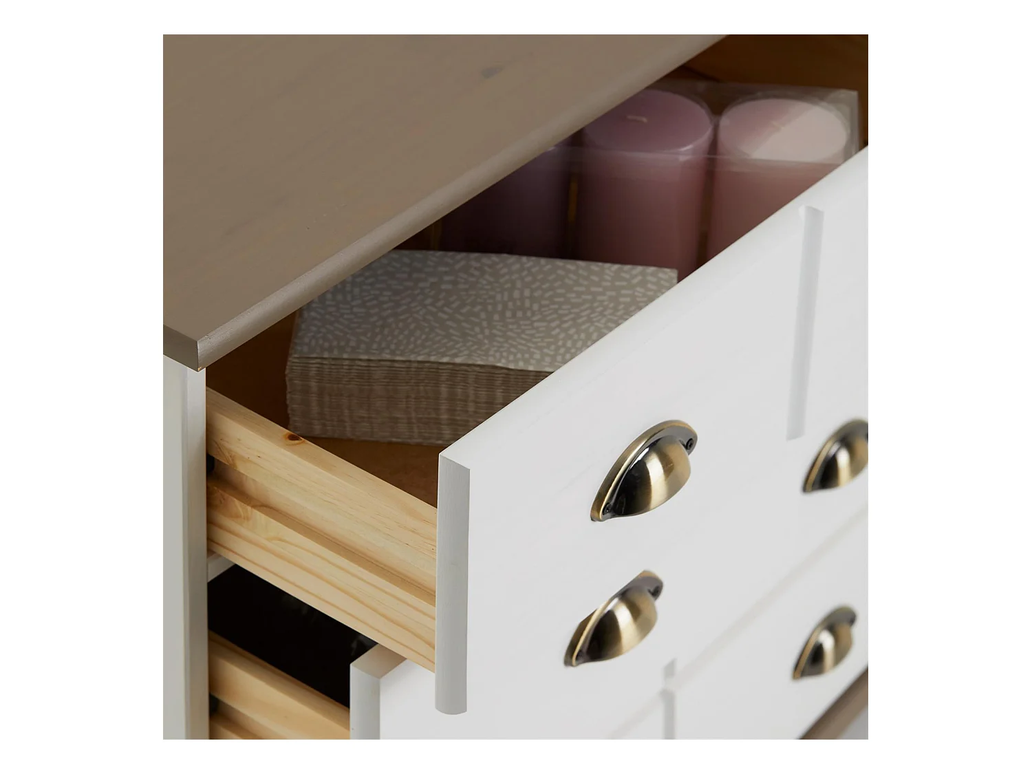 Commode COLMAR chiffonnier apothicaire rangement avec 11 tiroirs en pin massif lasuré blanc et taupe