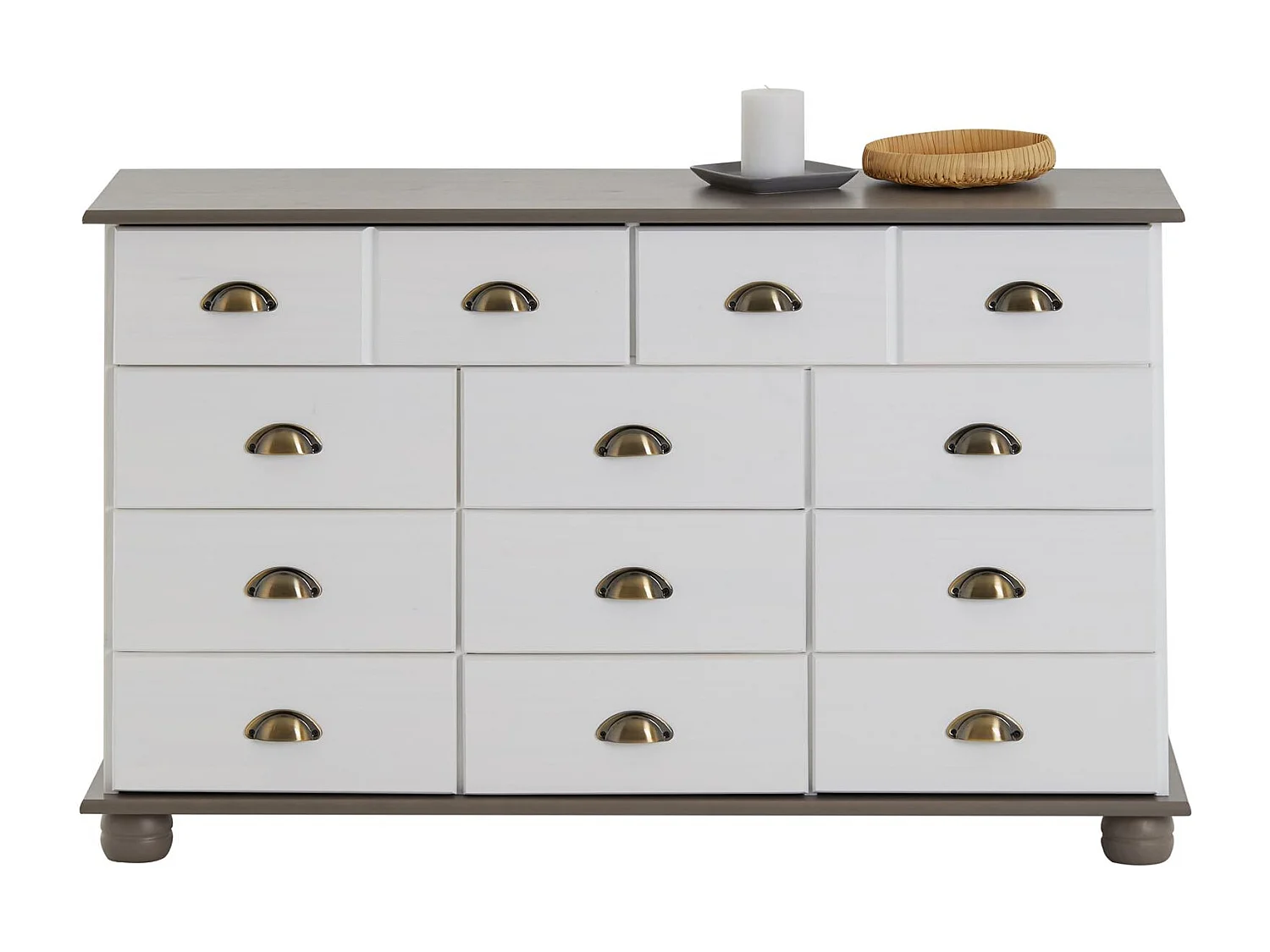 Commode COLMAR chiffonnier apothicaire rangement avec 11 tiroirs en pin massif lasuré blanc et taupe