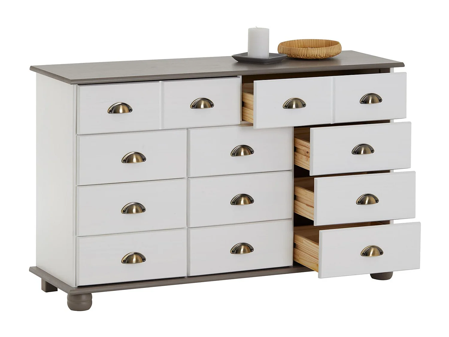 Commode COLMAR chiffonnier apothicaire rangement avec 11 tiroirs en pin massif lasuré blanc et taupe