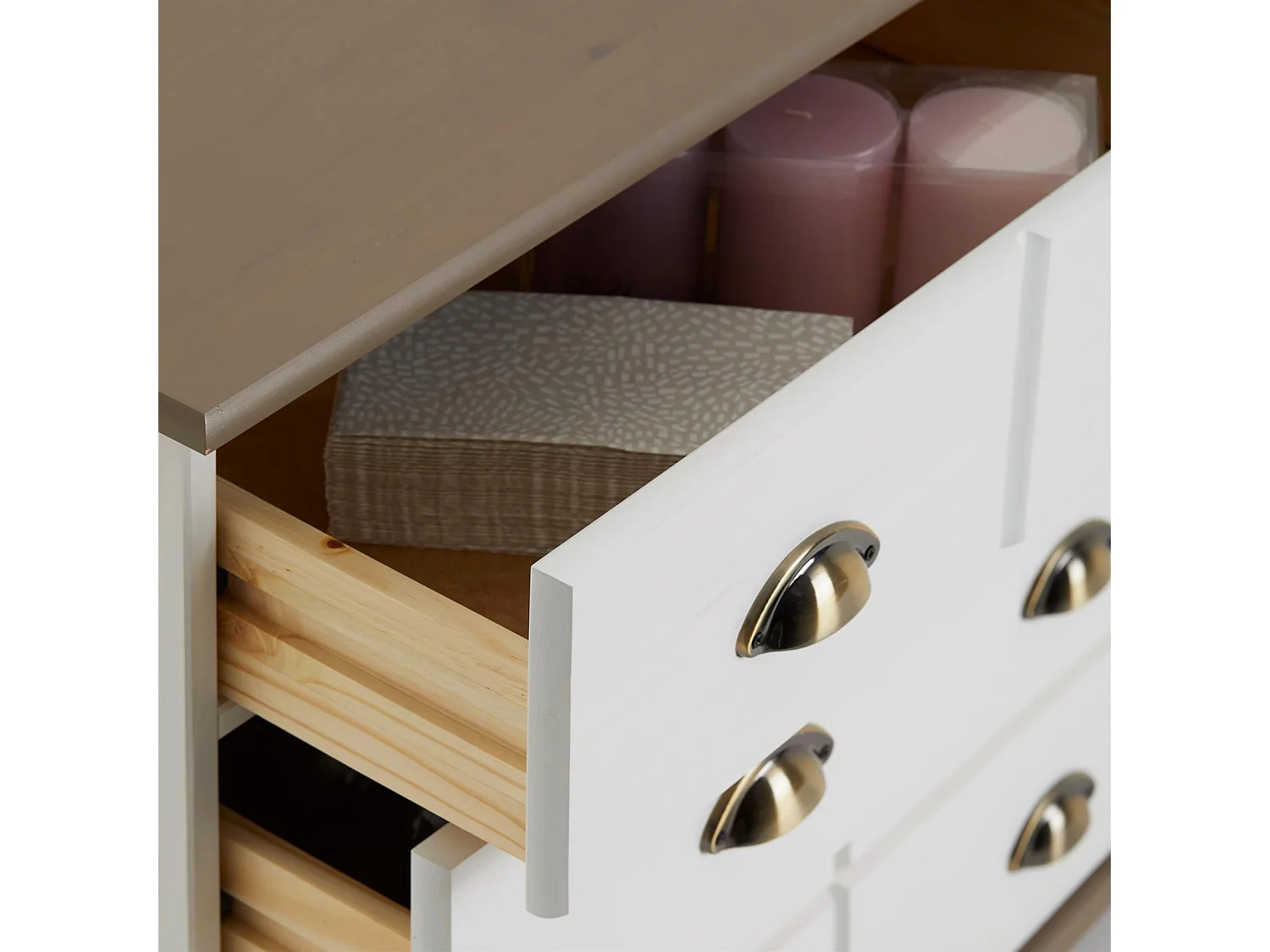 Commode COLMAR chiffonnier apothicaire rangement avec 11 tiroirs en pin massif lasuré blanc et taupe