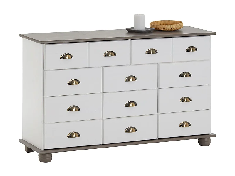 Commode COLMAR chiffonnier apothicaire rangement avec 11 tiroirs en pin massif lasuré blanc et taupe