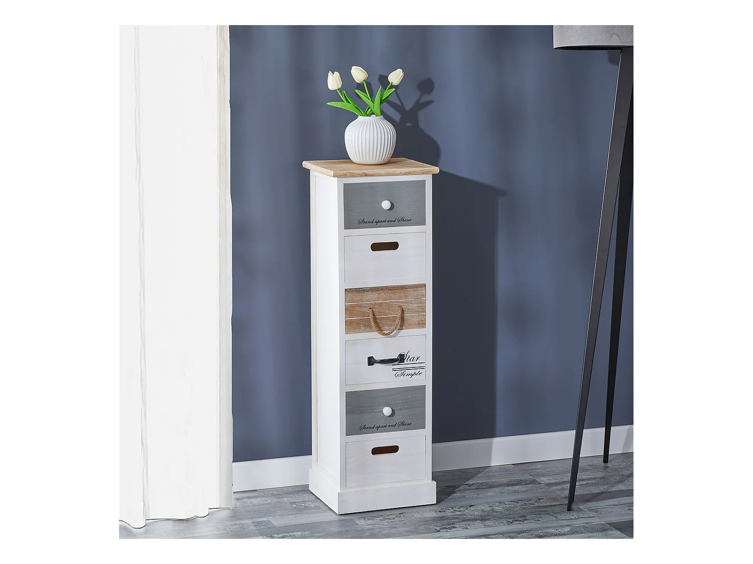 Chiffonnier SALVA petite commode avec 6 tiroirs en bois de paulownia style shabby chic vintage rustique blanc