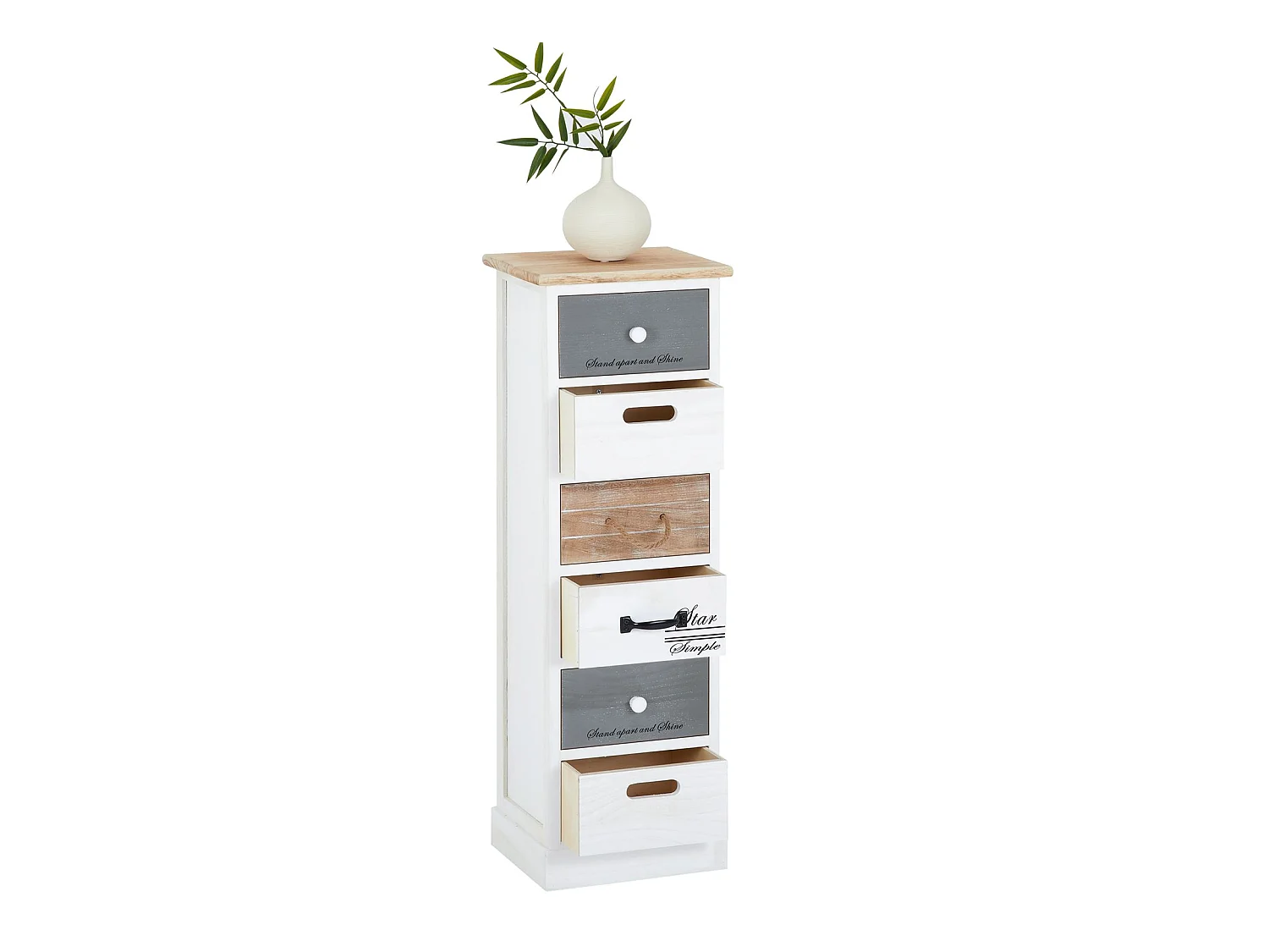 Chiffonnier SALVA petite commode avec 6 tiroirs en bois de paulownia style shabby chic vintage rustique blanc