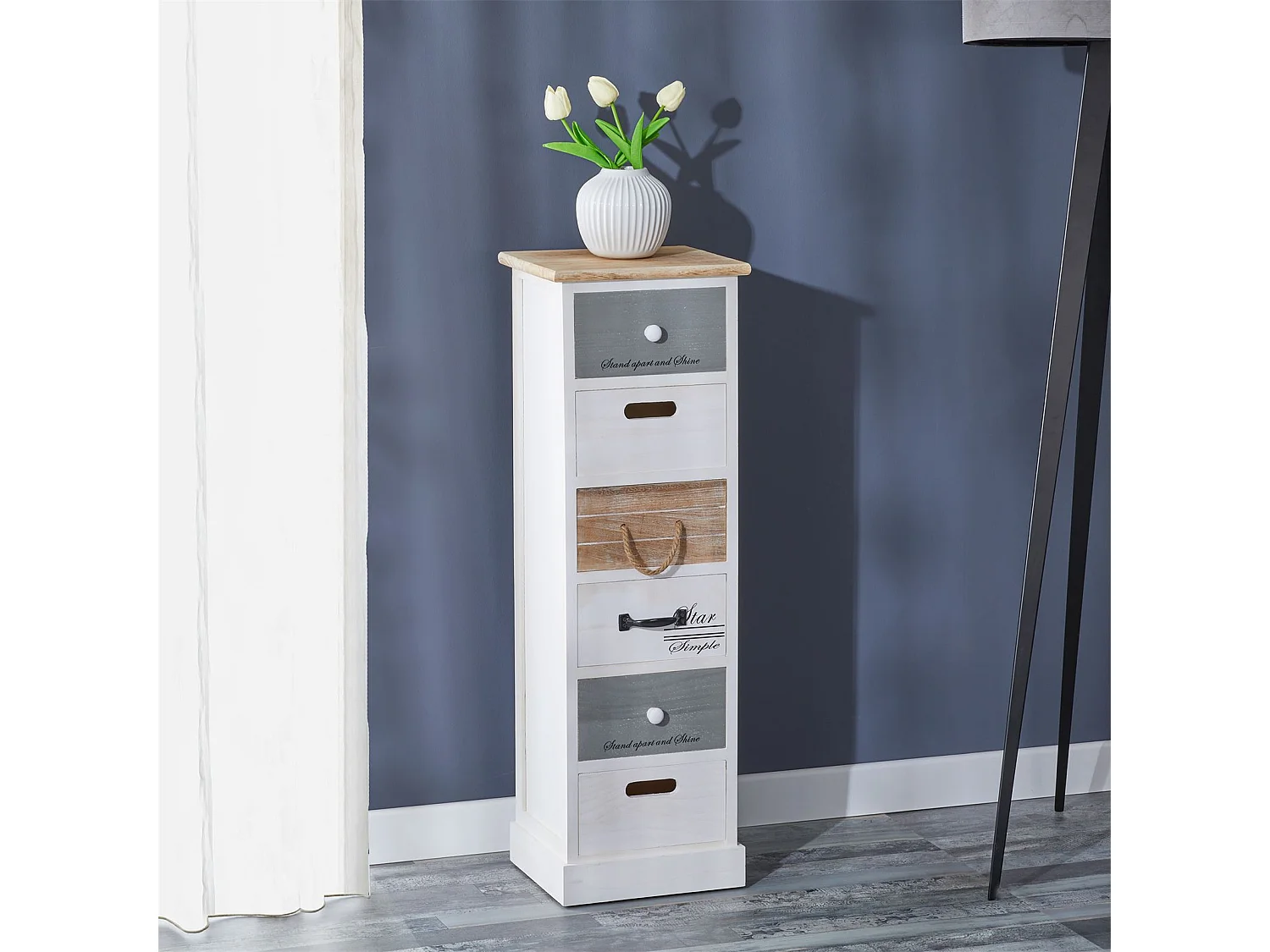 Chiffonnier SALVA petite commode avec 6 tiroirs en bois de paulownia style shabby chic vintage rustique blanc