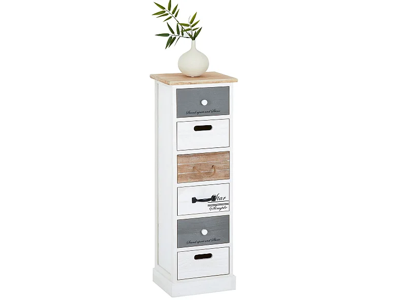 Chiffonnier SALVA petite commode avec 6 tiroirs en bois de paulownia style shabby chic vintage rustique blanc