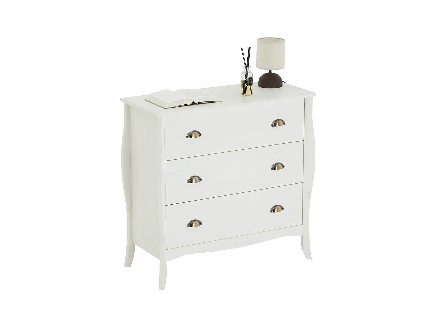 Commode de chambre ANTOINETTE style baroque rococo design moderne, rangement avec 3 tiroirs, en pin massif lasuré blanc