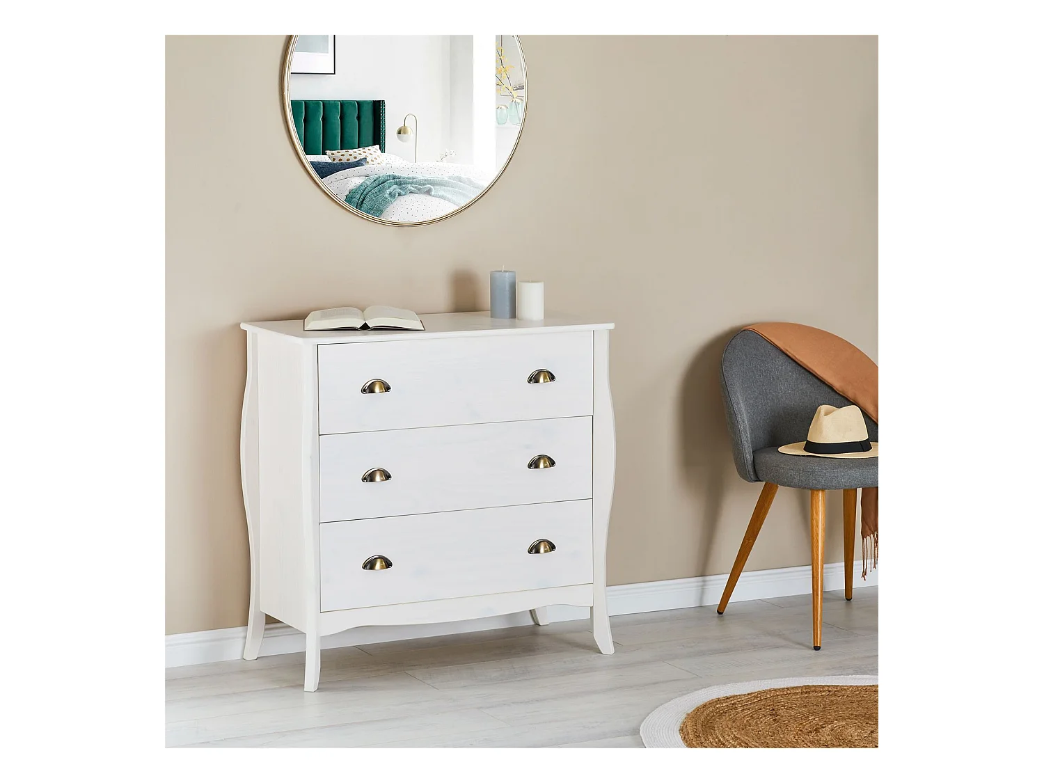 Commode de chambre ANTOINETTE style baroque rococo design moderne, rangement avec 3 tiroirs, en pin massif lasuré blanc