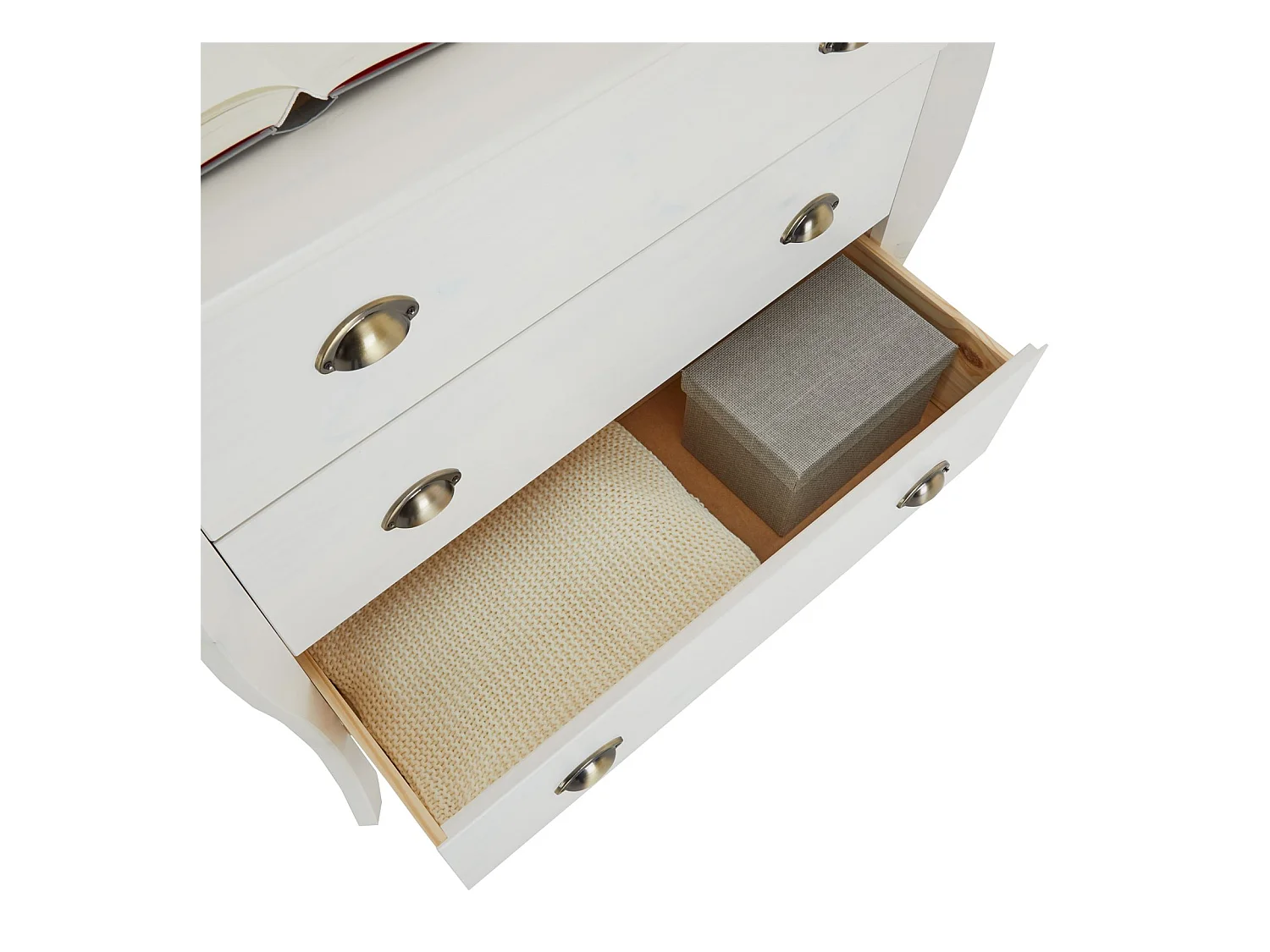 Commode de chambre ANTOINETTE style baroque rococo design moderne, rangement avec 3 tiroirs, en pin massif lasuré blanc