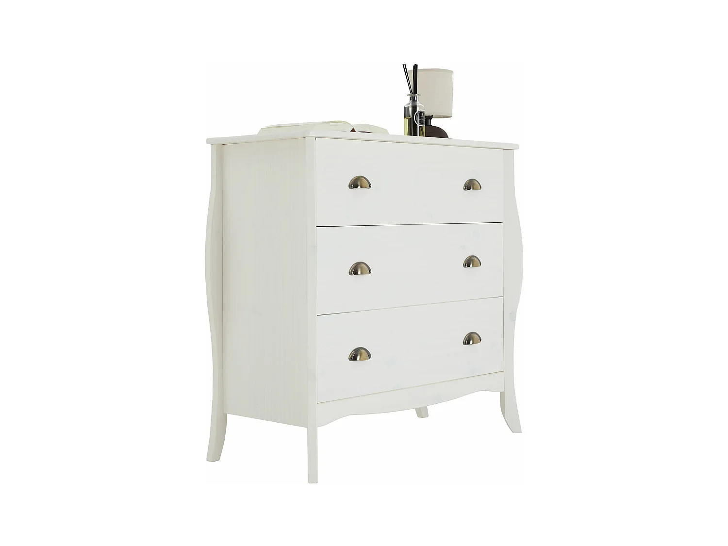 Commode de chambre ANTOINETTE style baroque rococo design moderne, rangement avec 3 tiroirs, en pin massif lasuré blanc