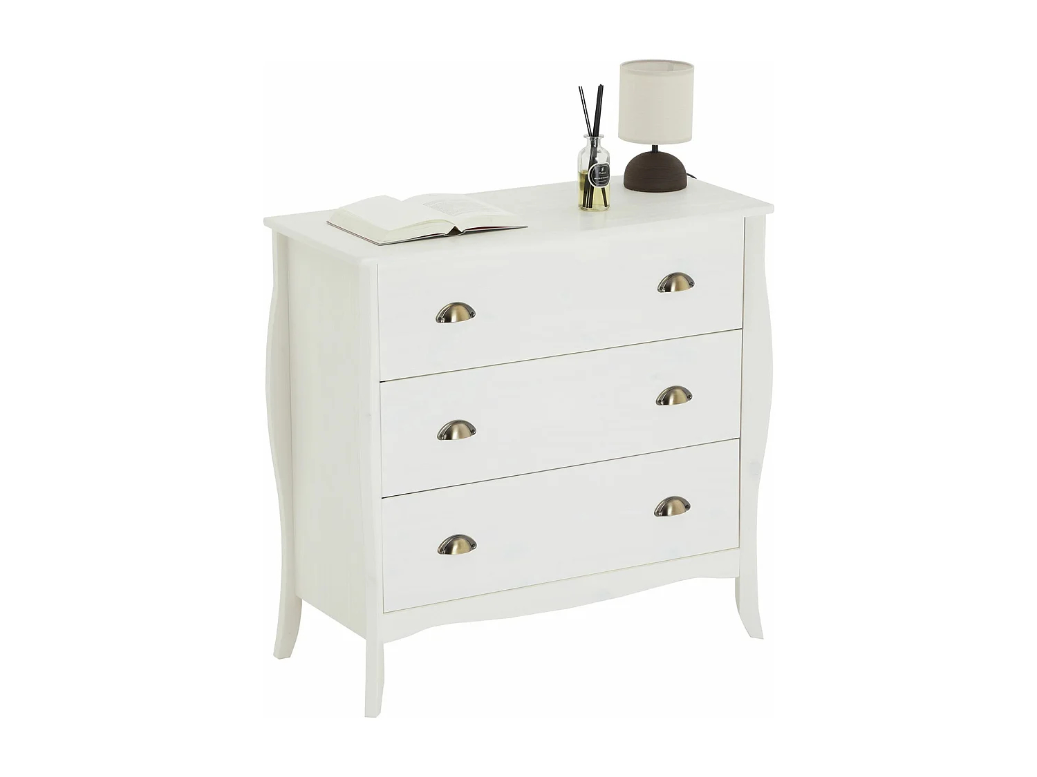 Commode de chambre ANTOINETTE style baroque rococo design moderne, rangement avec 3 tiroirs, en pin massif lasuré blanc