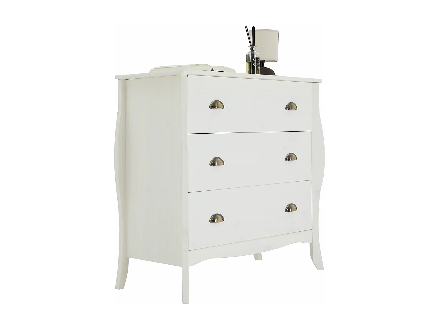 Commode de chambre ANTOINETTE style baroque rococo design moderne, rangement avec 3 tiroirs, en pin massif lasuré blanc